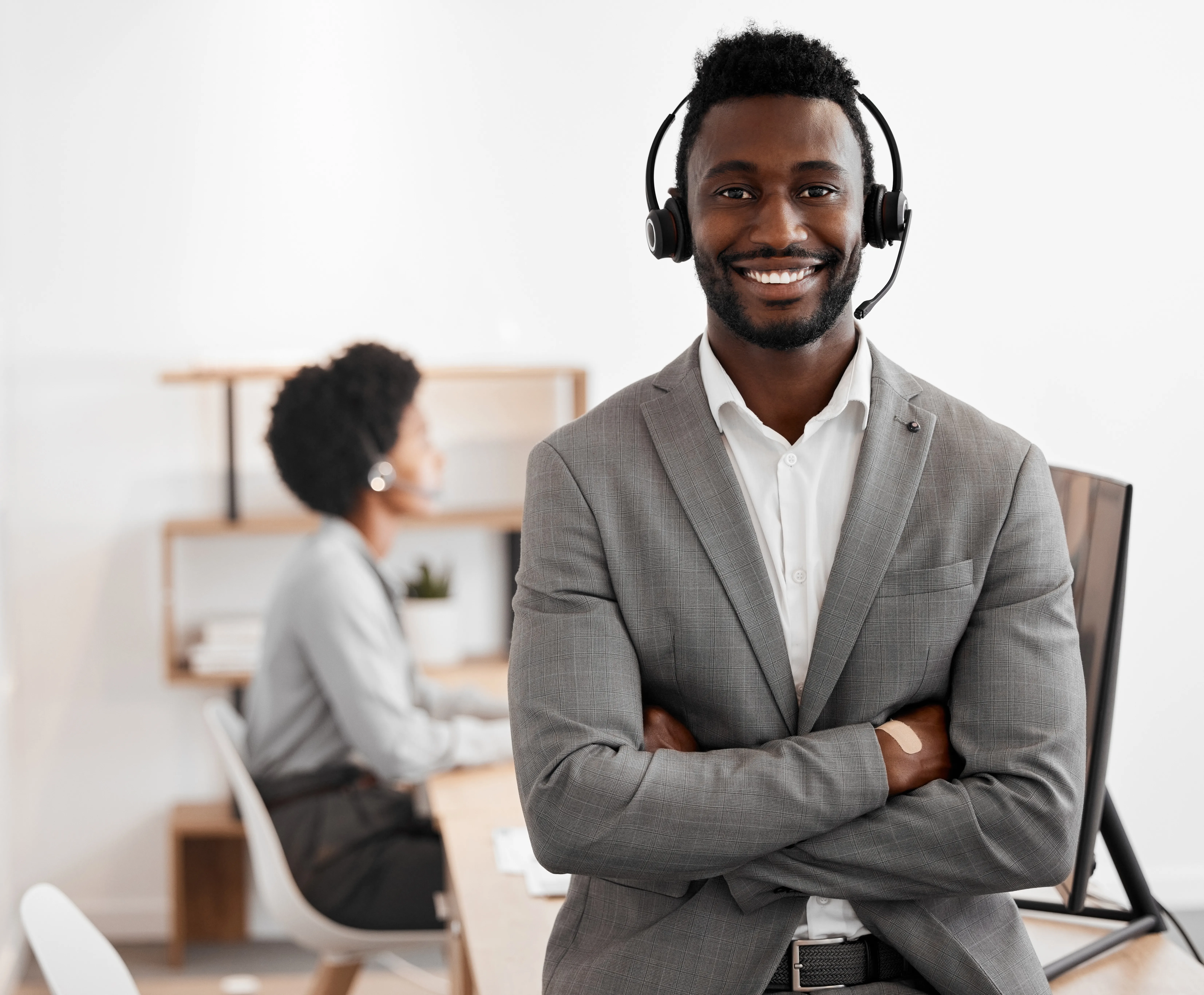 Call center, customer service and crm consultant wearing headset and looking happy in telemarketing