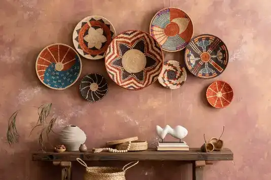 Handwoven natural fibre baskets and decor arranged on a console table